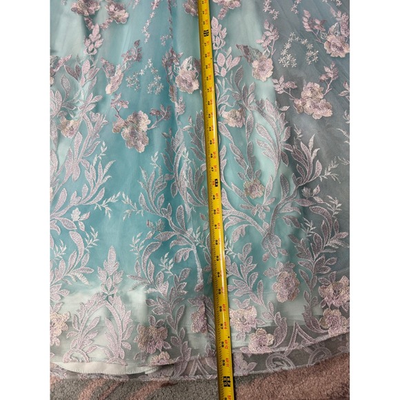 Morrell Maxie Size 4 Aqua White Floral Lace Off Shoulder Formal Gown - Picture 8 of 16